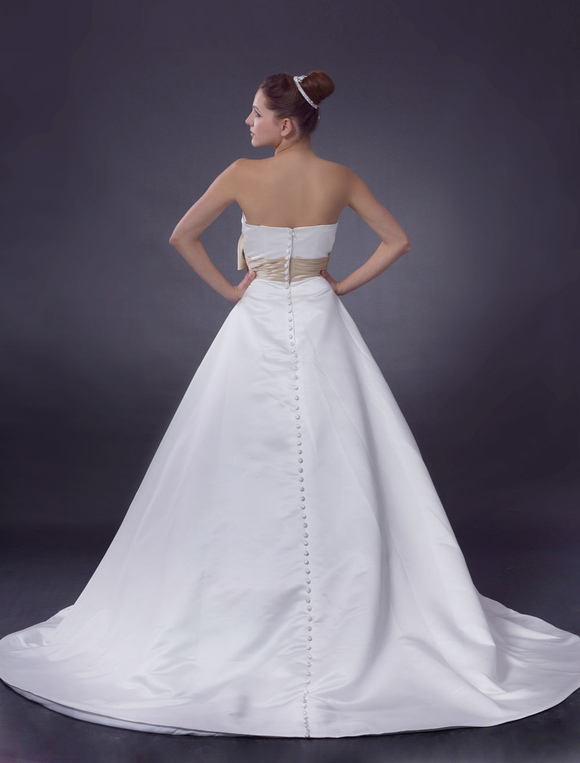 ALine Strapless Waist Ribbon Chapel Train Satin Wedding Dress