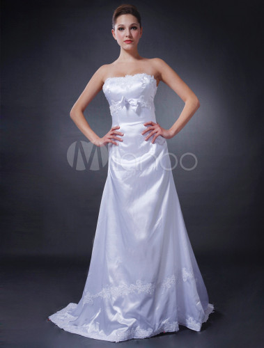 White Strapless Sweep Train Satin Silk Bridal Gown