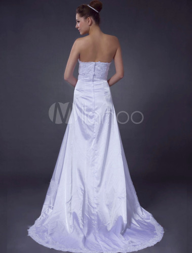 White Strapless Sweep Train Satin Silk Bridal Gown