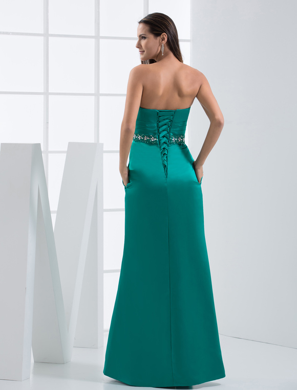 Strapless Evening Dress Blue Green Floor Length Satin Party Dress