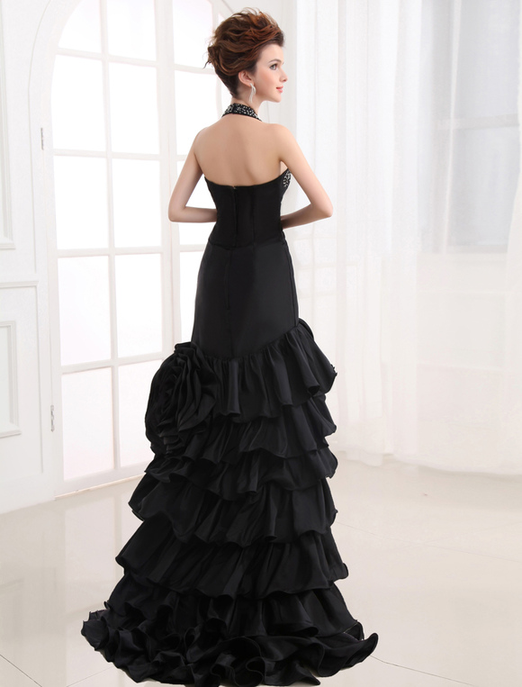HighLow Black Wedding Dress Halter Neck Ruffle Taffeta Prom Dress