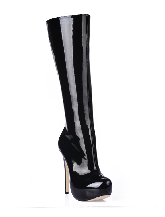 Black High Heel Patent Leather Knee High Boots