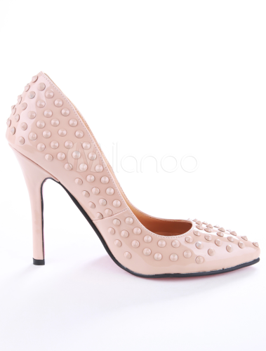 Nude Color Pointed Toe Rivet Patent Leather Woman\u0026#39;s Pumps ...