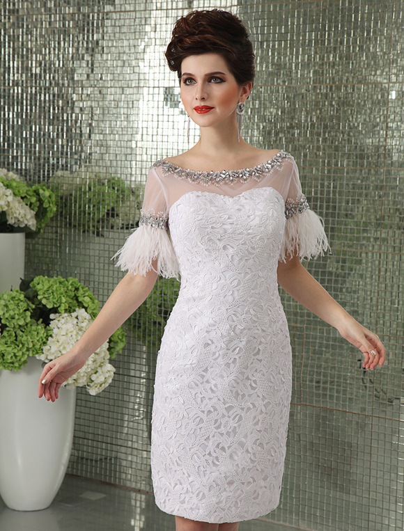 Sheath White Lace Feather KneeLength Cocktail Dress Milanoo
