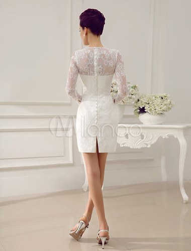 Glamorous-Knee-Length-Ivory-Bridal-Wedding-Dress-With-Jewel-Neck-Lace ...