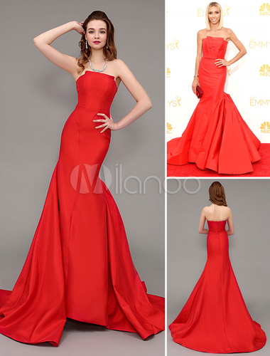 Red-Strapless-Sweep-Celebrity-Dress-with-Elastic-Silk-Like-Satin ...