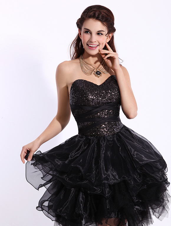 Black Short Sequined Dress with Sweetheart Neckline