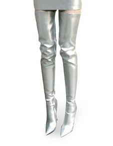 Cuissardes non-plateformes sexy en verni d'argent aux talons hauts