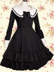 Robe de lolita classique Ecoli&egrave;re Manches Longues Jabots Coton Noire 