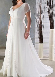Plus Size Ivory Short Sleeves Empire Waist V-Neck Beading Satin Organza Wedding Dress