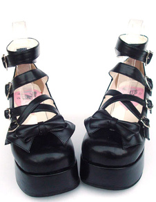 Sweet Lolita noir mat haute plate-forme chaussures cheville bretelles coeur forme boucles Bow