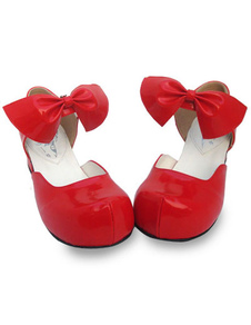 Chaussures Lolita rouges à bout rond avec nœuds