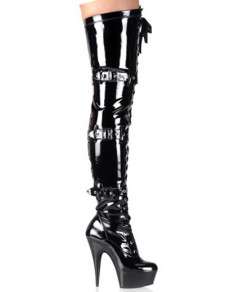 Sexy bottes à talons hauts en cuir verni noir décorées de boucles