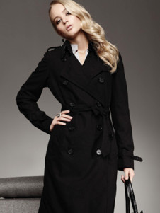 Classic Black Double-Breasted Belt 50% Cotton 50% Polyester Women’s Coat