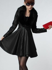 Delicate Black Long Sleeves Fur Collar Ruffles Leather Women's Overcoat
