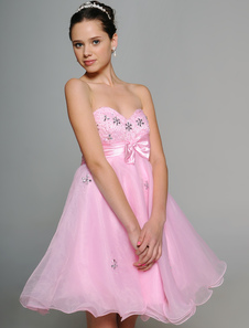 Mini robe de bal rose d'encolure en coeur avec perles