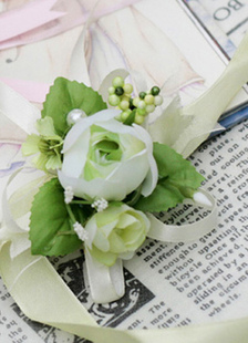 Vintage White Green Silk Cloth Wedding Wrist Corsage For Bride