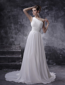 Robe de mariée gracieuse A-ligne en chiffon blanc avec plissement à une épaule traîne courte