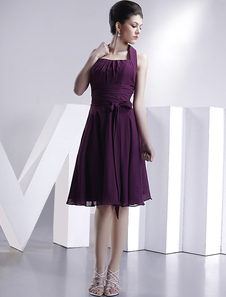 Robe de bal en chiffon pourpre à licou plissé longueur genou