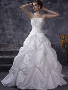 Chic robe mariage boule en taffetas blanc avec paillettes bustier traîne chapelle