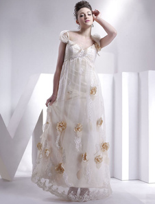 Robe de mariée A-ligne champagne en satin et dentelle col V longueur plancher