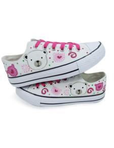 Chaussures en toile blanc imprimé ours à lacet rose
