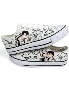 mignons trotteurs pour femmes en toile blanche peints à la main