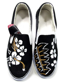 chaussures pour femmes noires uniques en toile avec semelle en caoutchouc TPR et motif fleur blanche