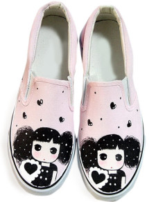 chaussures attrayantes peintes pour femmes roses en toile avec semelle en caoutchouc TPR motif fille