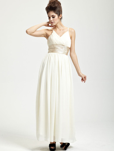 Robe de bal A-ligne blanche en soie à fines bretelles