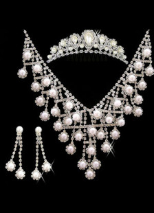 Ensemble de bijoux nuptiaux pour la mariée, alliage, perles et pierres du Rhin transparentes royales