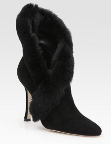 3 9/10'' High Heel Fashion Black Sheepskin Suede Mid Calf Boots