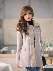 Camel Single-Breasted Turndown Collar Terylene Cony Hair Womens Coat