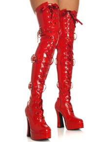 Bottes sexy en cuir verni plateforme aux talons hauts pour femmes en rouge avec laçage