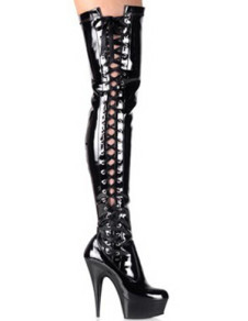 Cuissardes sexy noires en cuir verni plateforme aux talons hauts pour femmes