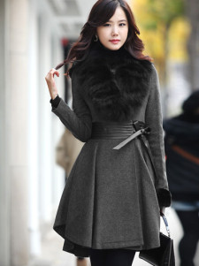 Gray Terylene Wool Fox Fur Collar Womens Pea Coats