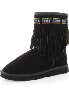 Flat Black Cow Leather Tassels Womens Snow Boots