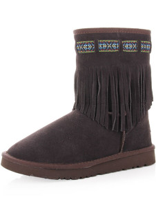 Coffee Cow Leather Tassels Womens Flat Snow Boots