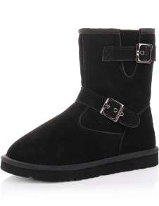 Black Cowhide Buckle Flat Mid Calf Womne's Snow Boots