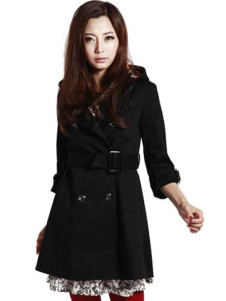 Elegant Black Double-Breasted Three-Quarter Sleeves 97% Cotton 3% Spandex Womens Trench Coat