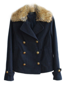 Vintage Navy Blue Woolen Cloth Women's Pea Coat