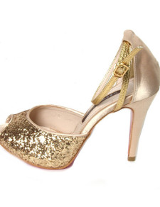 4 1/10'' High Heel Golden Peep Toe Sequined Fabric Ankle Strap Fashion Shoes