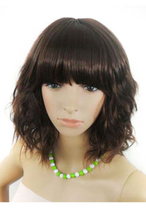 Unique perruque longueur d'épaule frisée noire avec frange droite épaisse