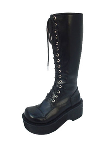 Bottes lolita à talon en PU noir uni avec laçage devant