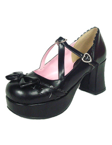 Chaussures lolita chic en PU noir orné de noeud à talons épais