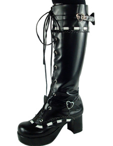 Bottes lolita passionnées à talon trapu plateforme en PU noir avec bande et nœud de papillon