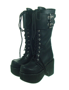 Bottes lolita en PU noir avec patte bouclée et lacet devant