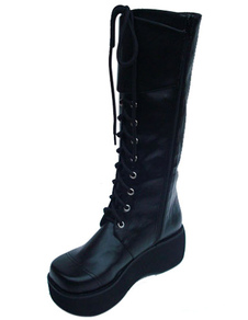 Bottes lolita de mode haut talon compensé en PU noir avec laçage devant