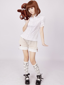 chemisier lolita en coton blanc de courtes manches à volants avec dentelle