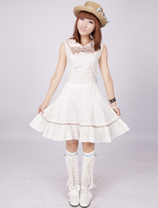 White Pintuck Sleeveless Bow Double Breasted Cotton Classic Lolita Dress